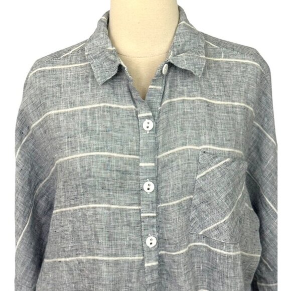 Habitat Clothes to Live In Linen Wrap Blouse Top Long Sleeve Blue White Size L - Picture 2 of 12